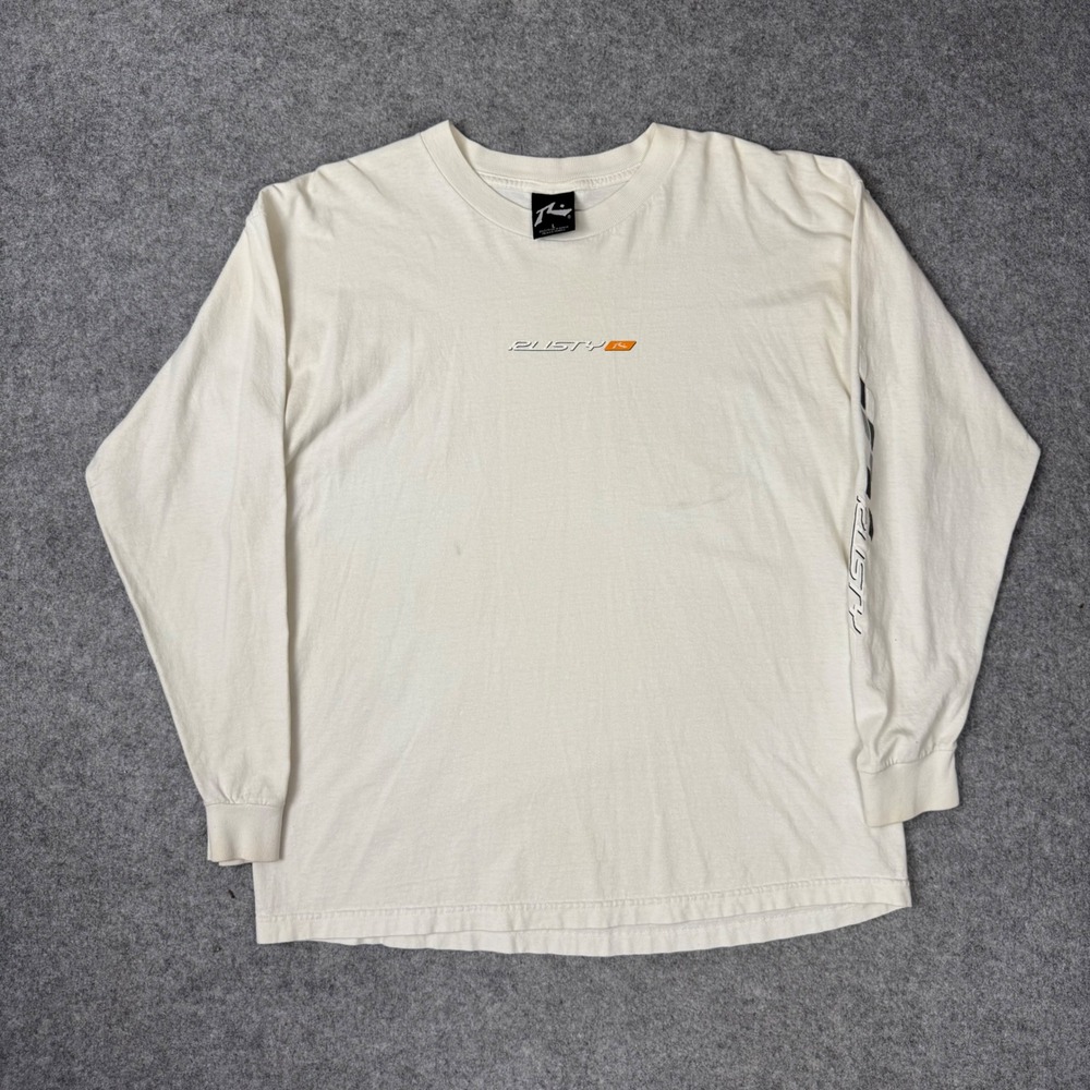 Rusty Mens Long Sleeve T-Shirt Off White Cream Surf Skate Graphic Logo Large